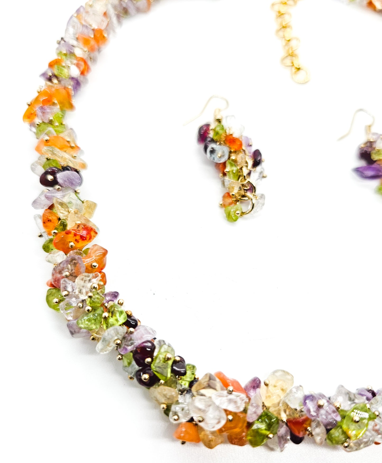 Multi gemstone chip cluster yellow gold plated necklace and earrings set