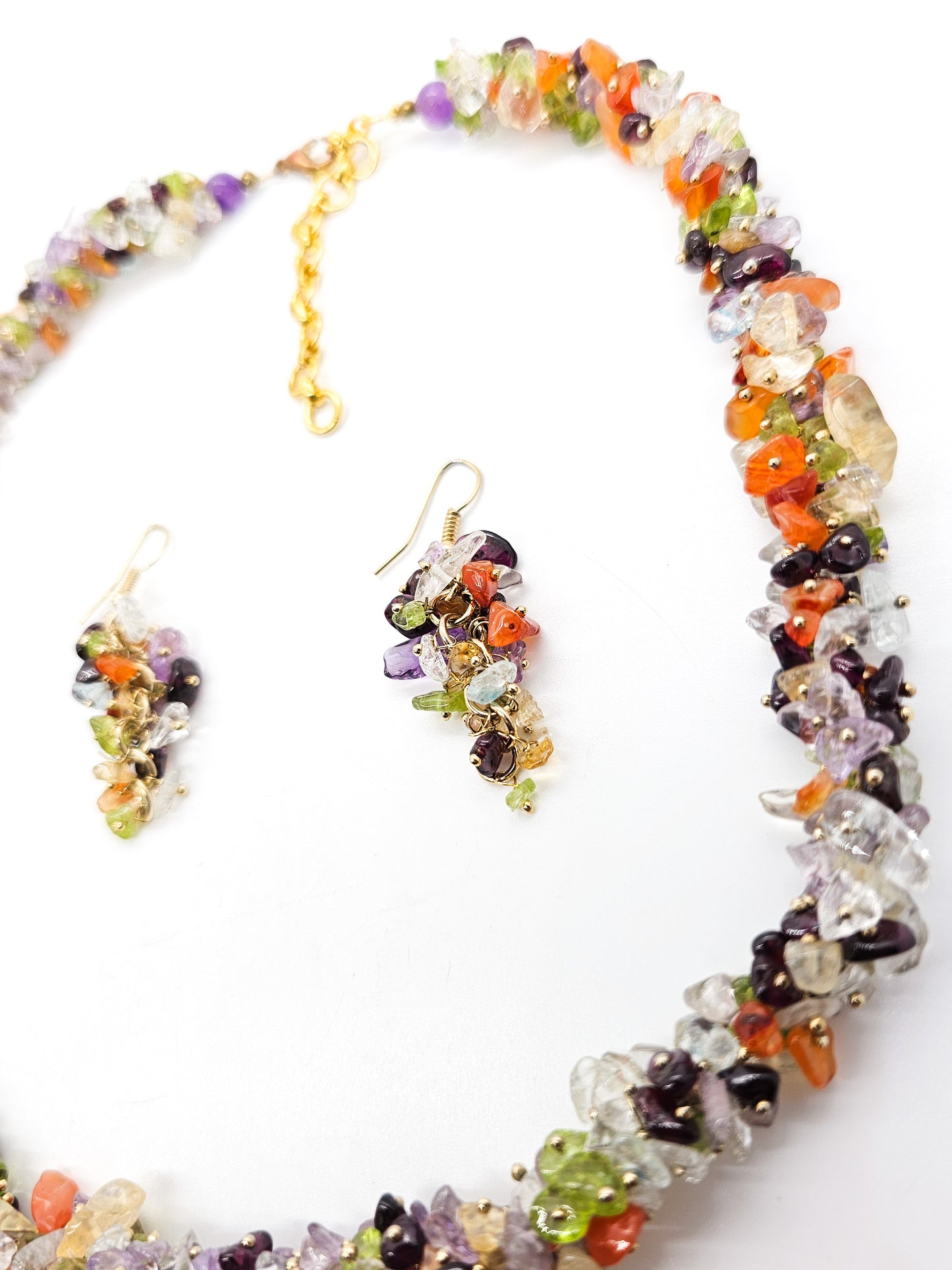 Multi gemstone chip cluster yellow gold plated necklace and earrings set