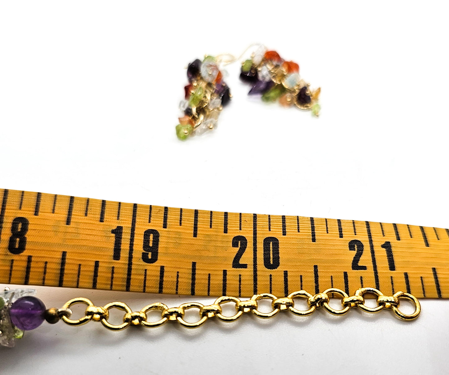 Multi gemstone chip cluster yellow gold plated necklace and earrings set