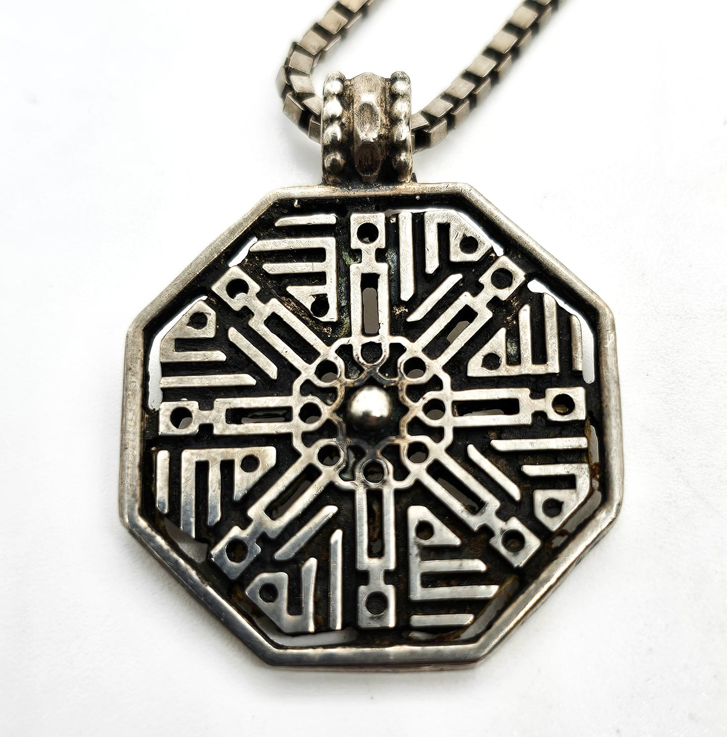 Egyptian Revival Sacred Geometry mandala vintage stamped sterling silver necklace