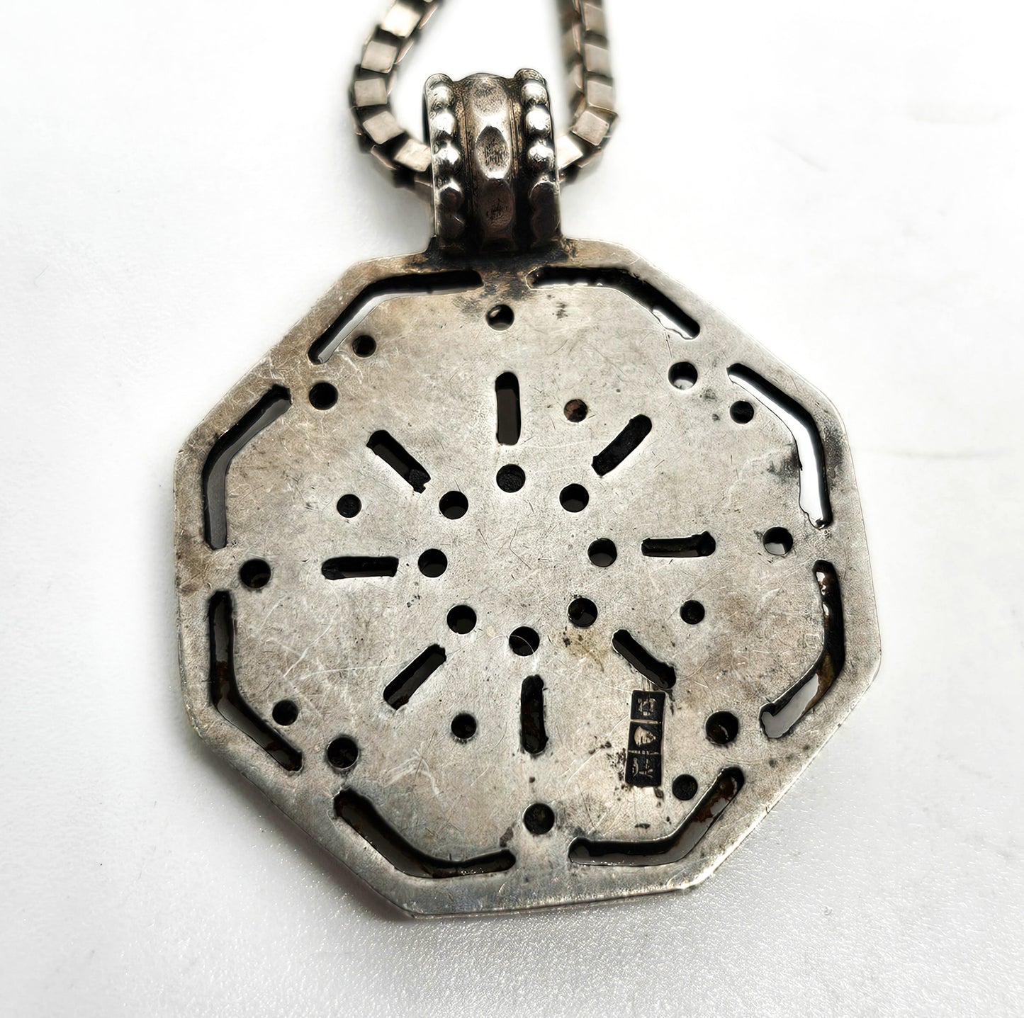 Egyptian Revival Sacred Geometry mandala vintage stamped sterling silver necklace