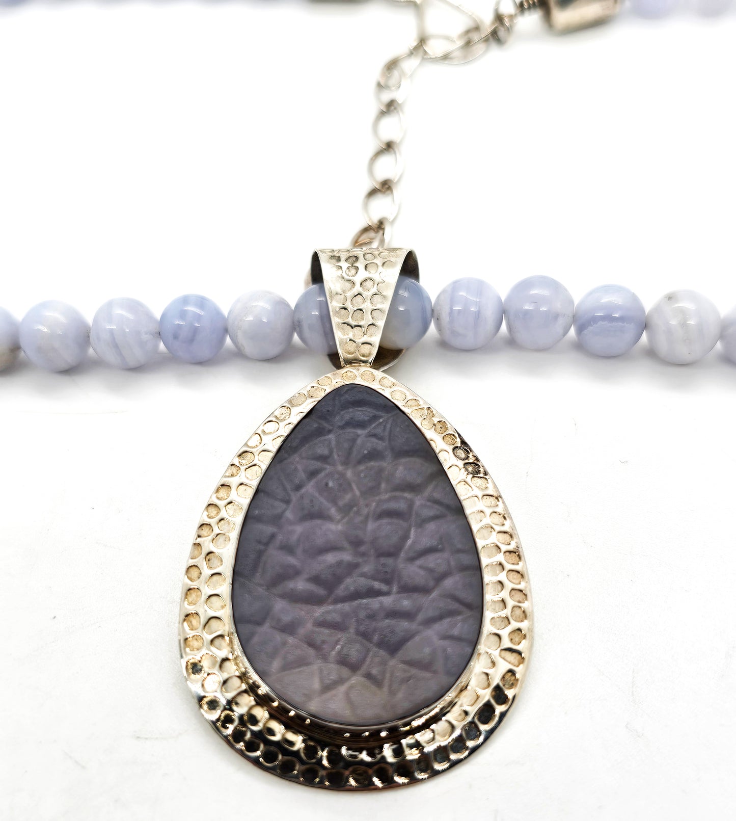 Desert Rose Trading Blue Lace Agate Chalcedony sterling silver beaded necklace