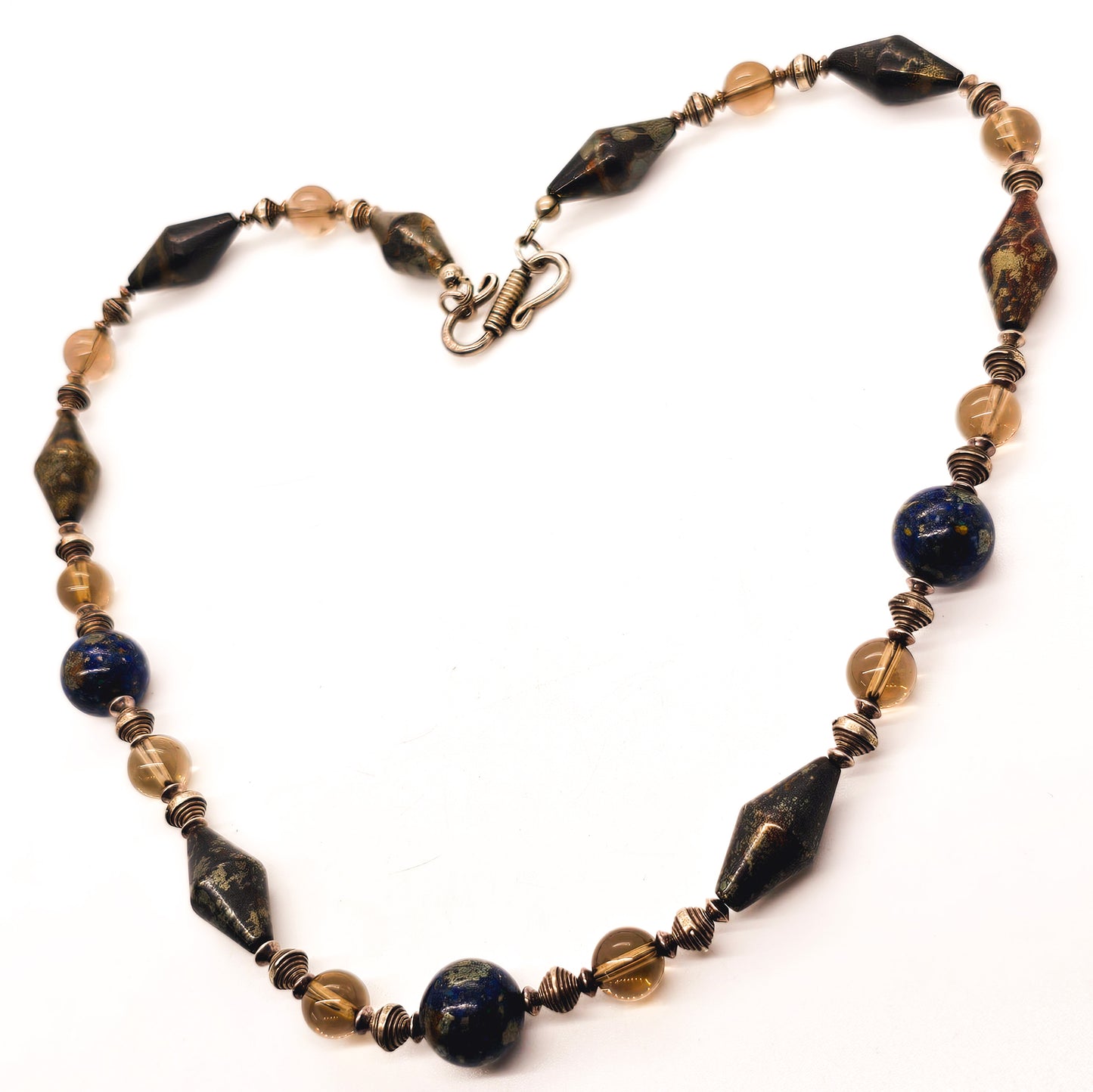 Apache Botryoidal pyrite, lapis lazuli and smoky quartz beaded sterling silver artisan necklace