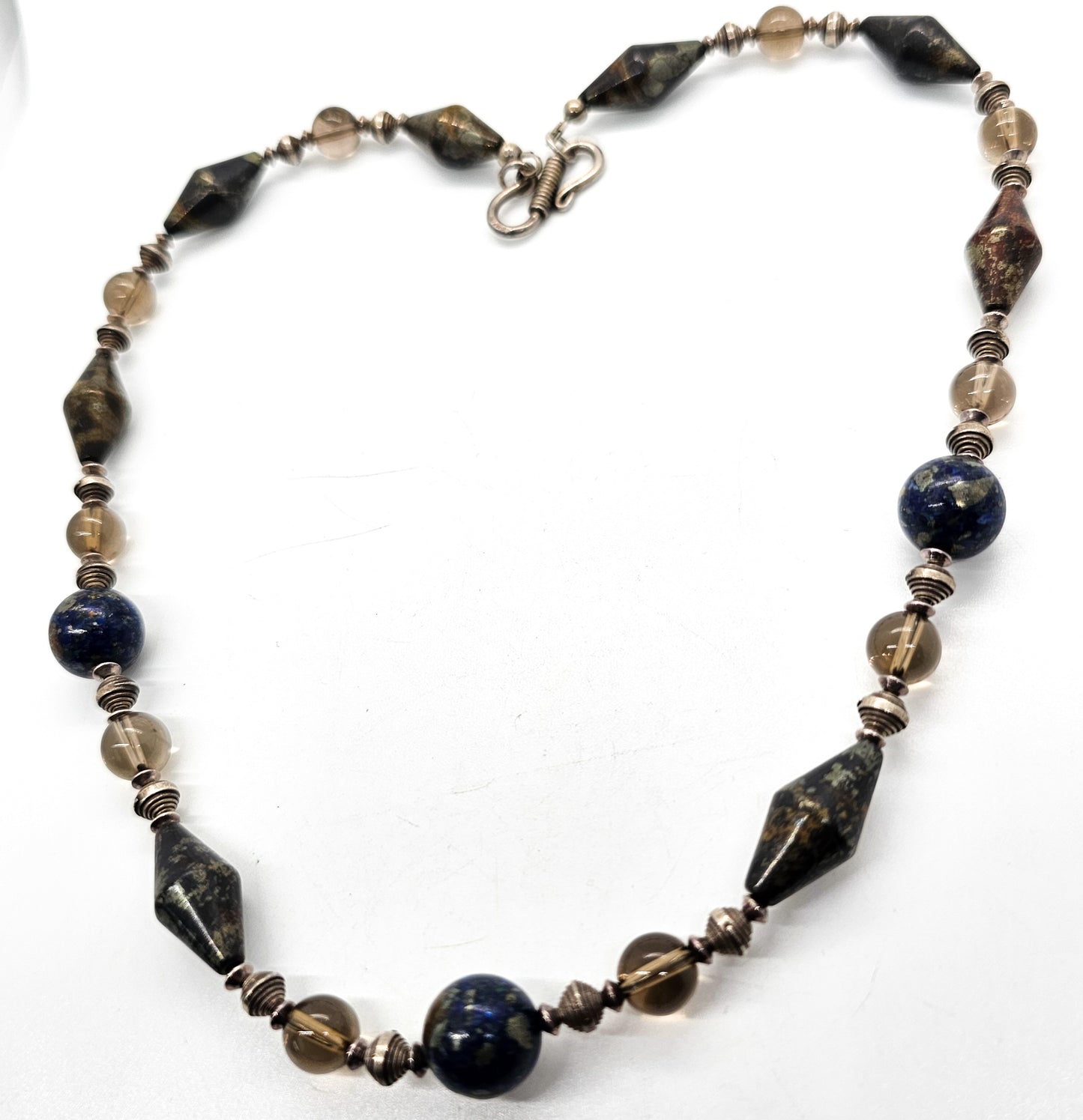 Apache Botryoidal pyrite, lapis lazuli and smoky quartz beaded sterling silver artisan necklace
