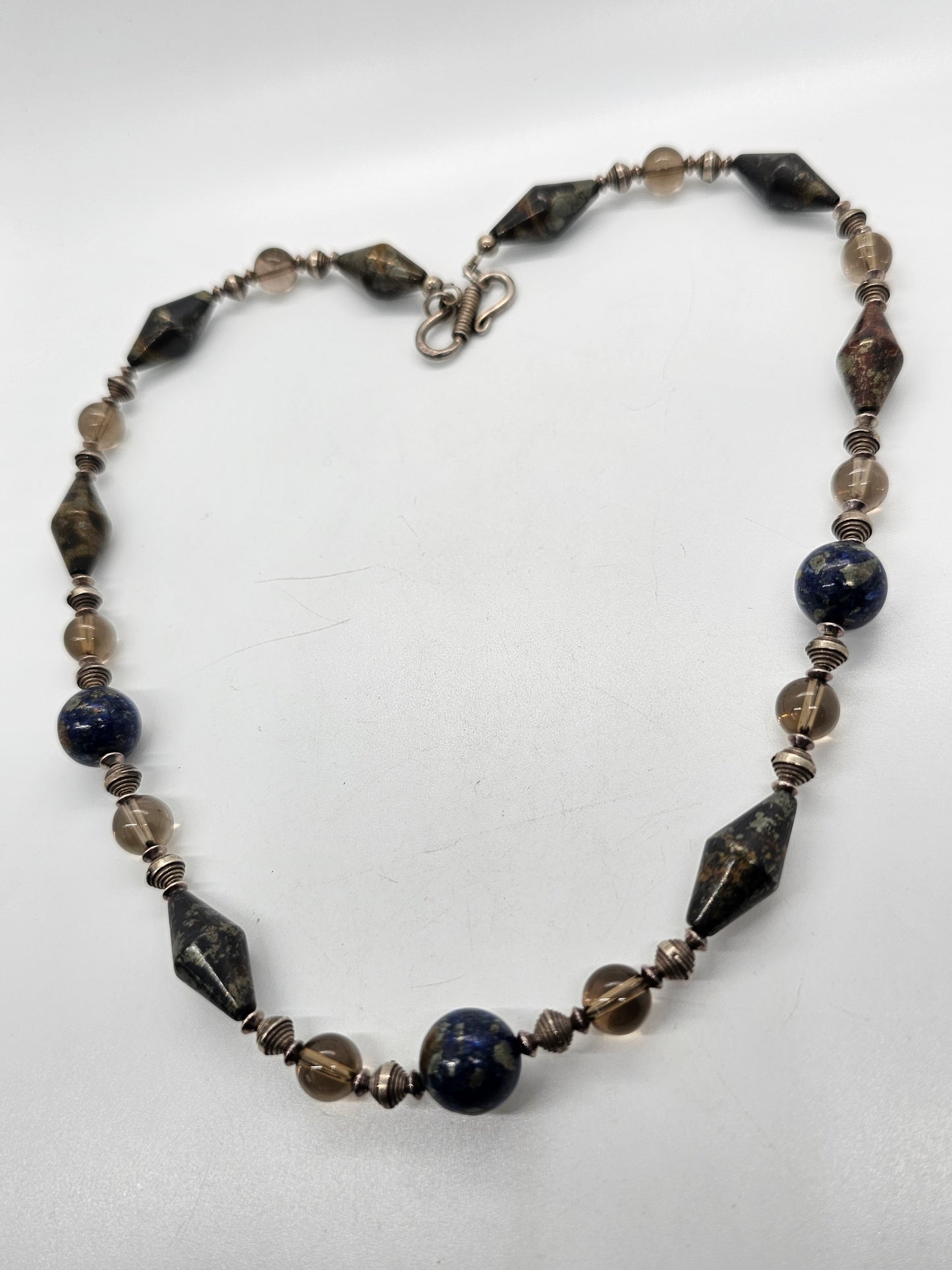 Apache Botryoidal pyrite, lapis lazuli and smoky quartz beaded sterling silver artisan necklace