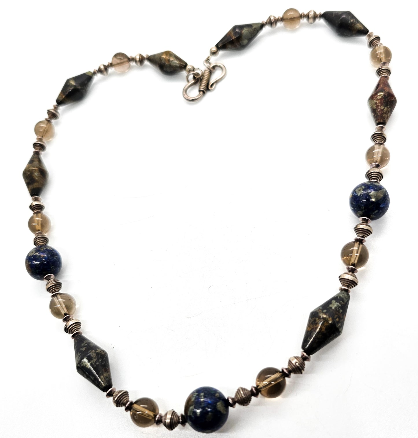 Apache Botryoidal pyrite, lapis lazuli and smoky quartz beaded sterling silver artisan necklace