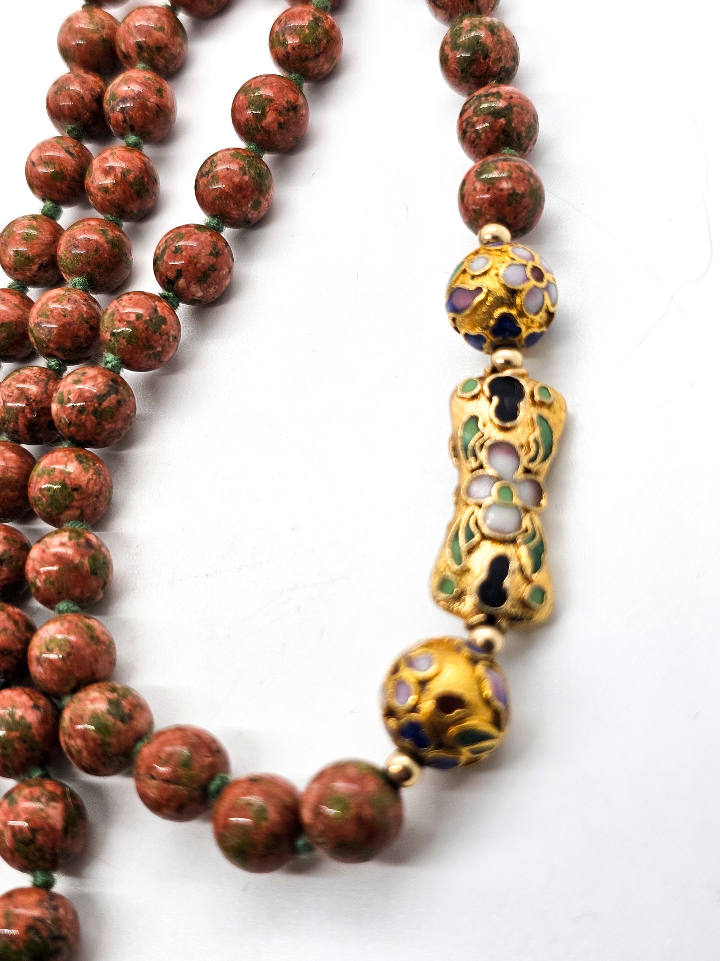 Unakite hand knotted silk Chinese Cloisonne enamel flower long 32' vintage necklace