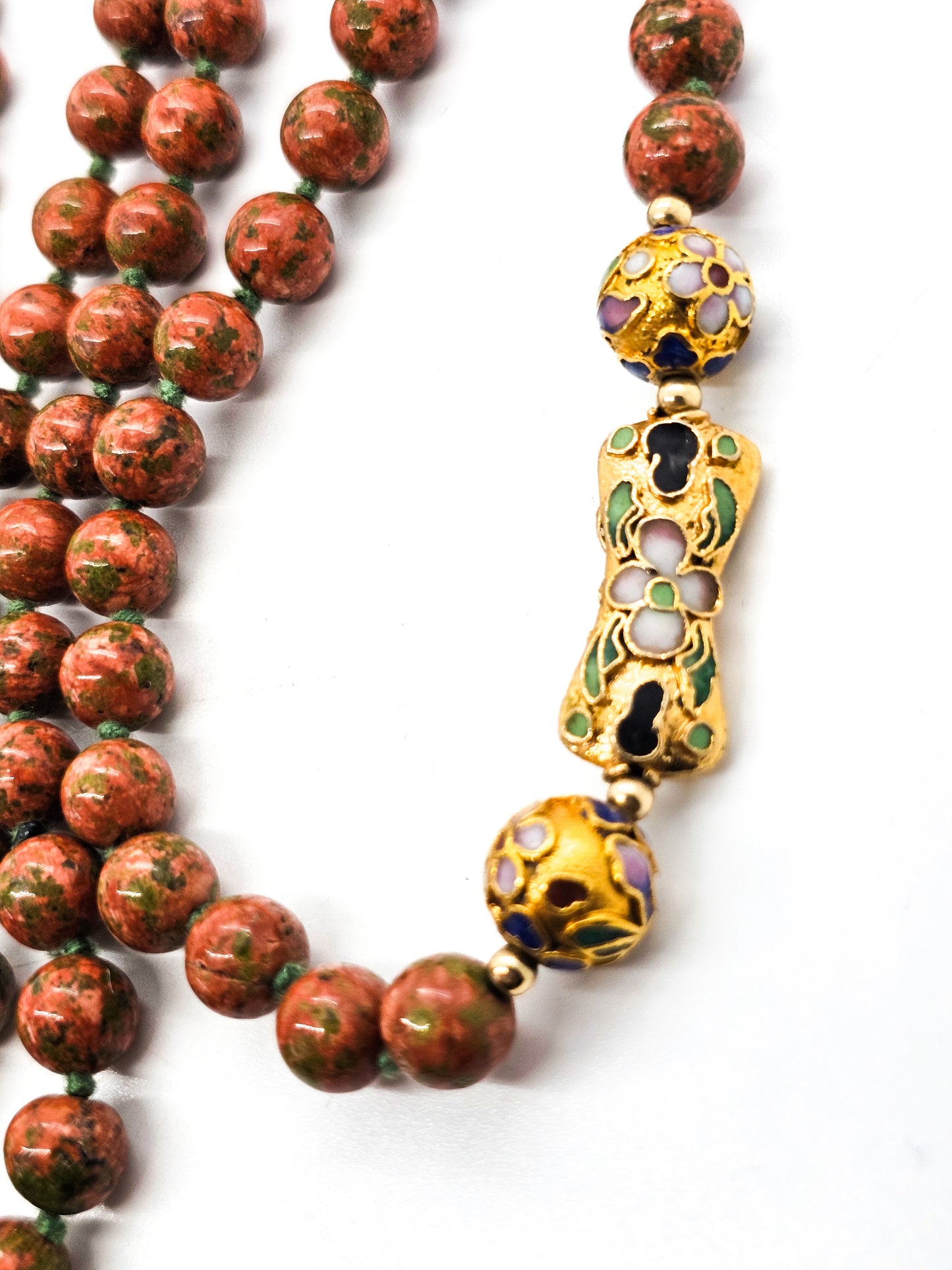 Unakite hand knotted silk Chinese Cloisonne enamel flower long 32' vintage necklace