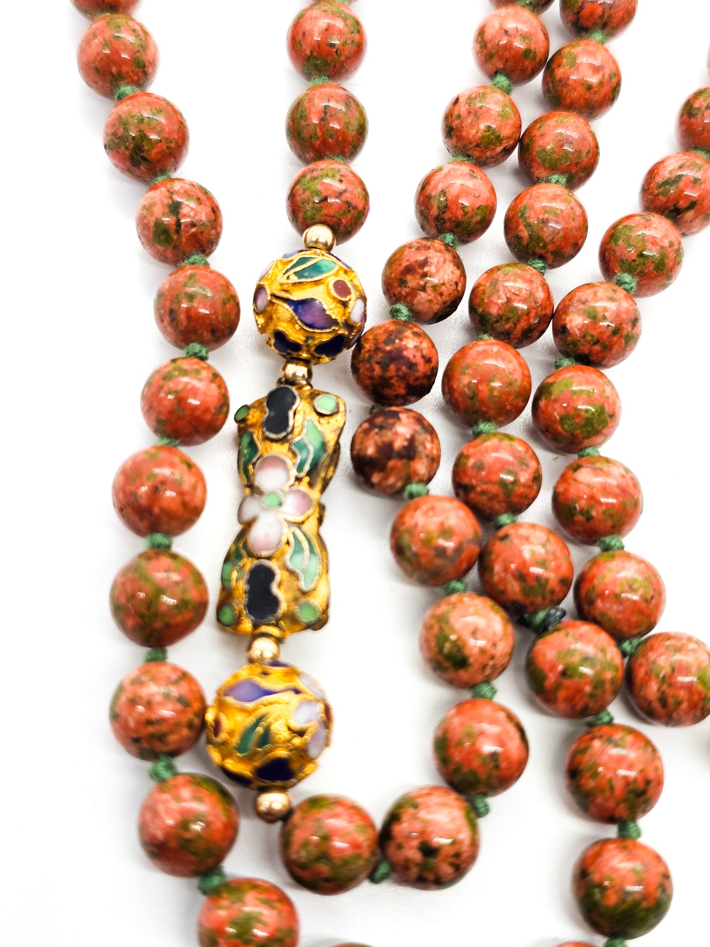 Unakite hand knotted silk Chinese Cloisonne enamel flower long 32' vintage necklace