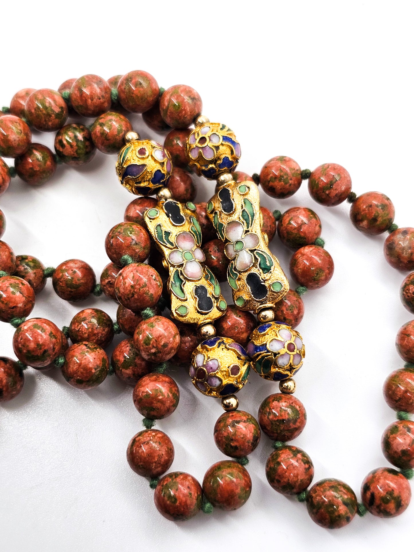 Unakite hand knotted silk Chinese Cloisonne enamel flower long 32' vintage necklace