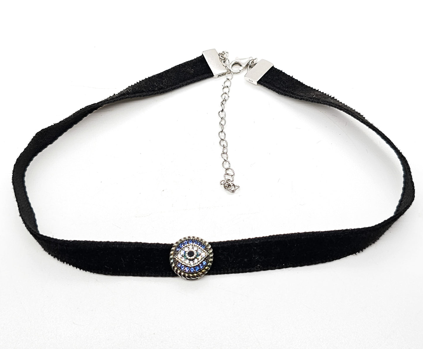 EJI Evil Eye Protection Swarovski Crystal sterling silver black velvet choker necklace