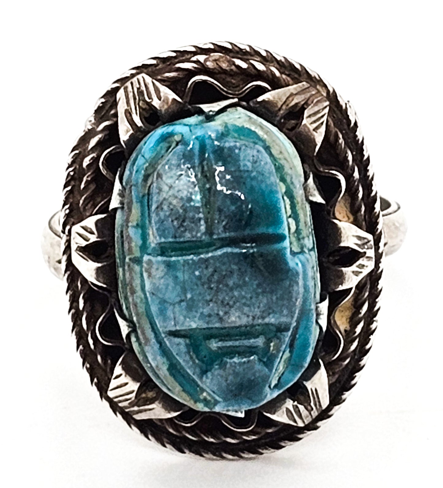 Egyptian Revival blue faience antique sterling silver Egyptian handcrafted ring size 7