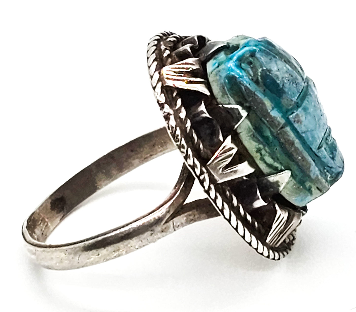 Egyptian Revival blue faience antique sterling silver Egyptian handcrafted ring size 7