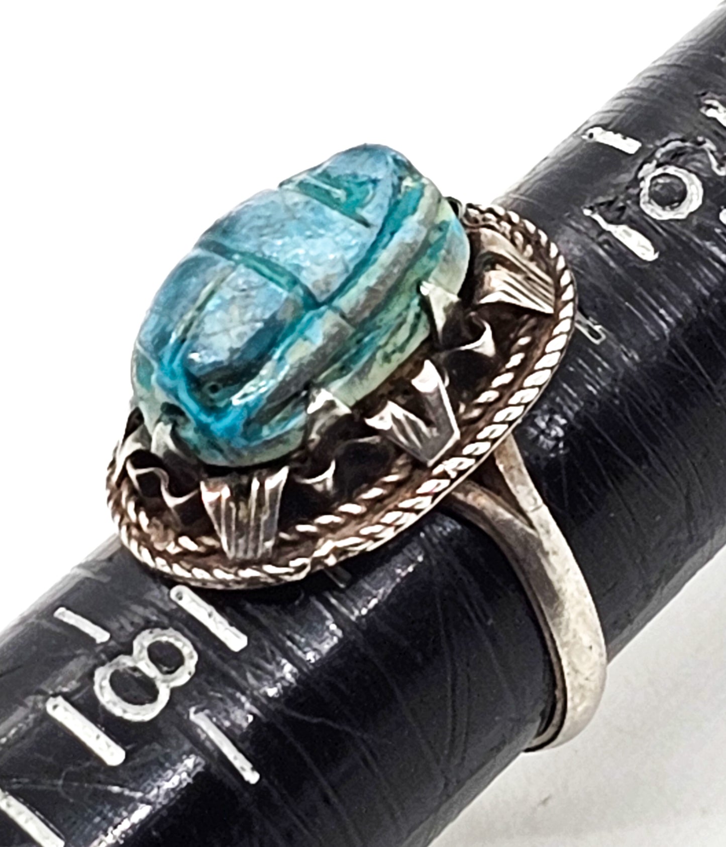 Egyptian Revival blue faience antique sterling silver Egyptian handcrafted ring size 7