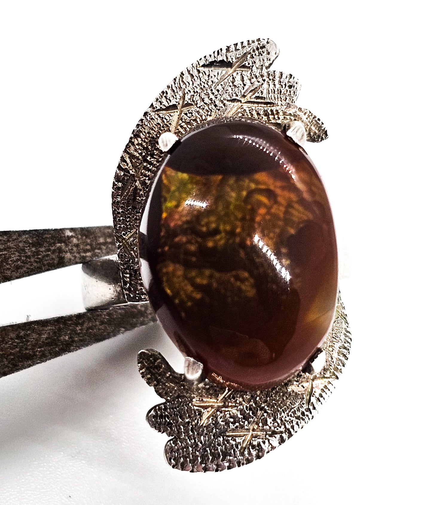 Mexican Fire Agate vintage modernist abstract sterling silver etched ring size 7.25 RARE