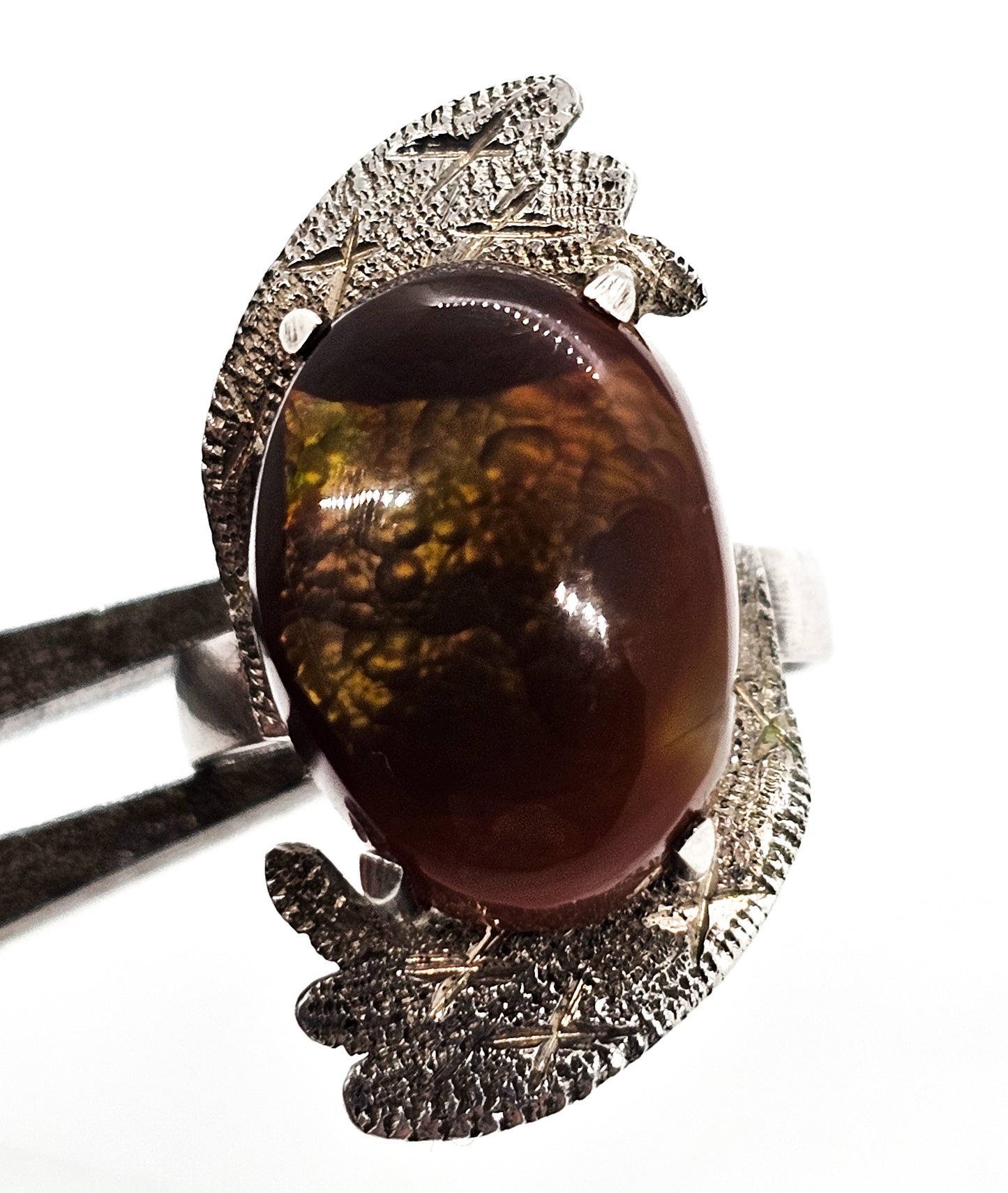 Mexican Fire Agate vintage modernist abstract sterling silver etched ring size 7.25 RARE