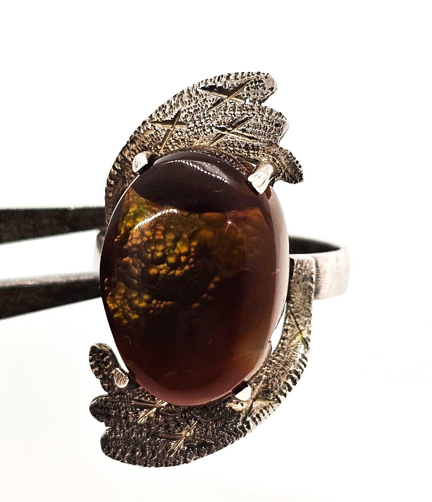 Mexican Fire Agate vintage modernist abstract sterling silver etched ring size 7.25 RARE