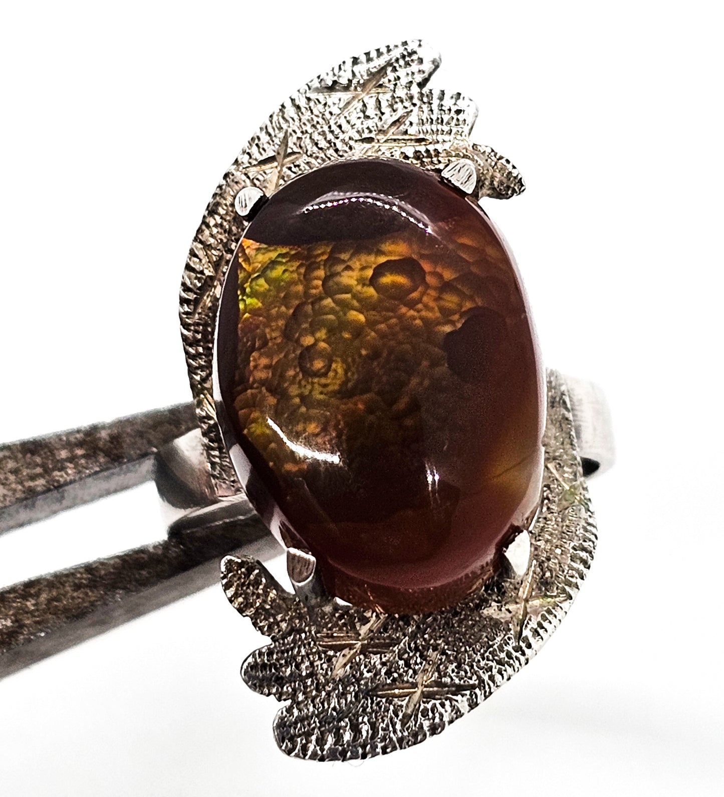 Mexican Fire Agate vintage modernist abstract sterling silver etched ring size 7.25 RARE