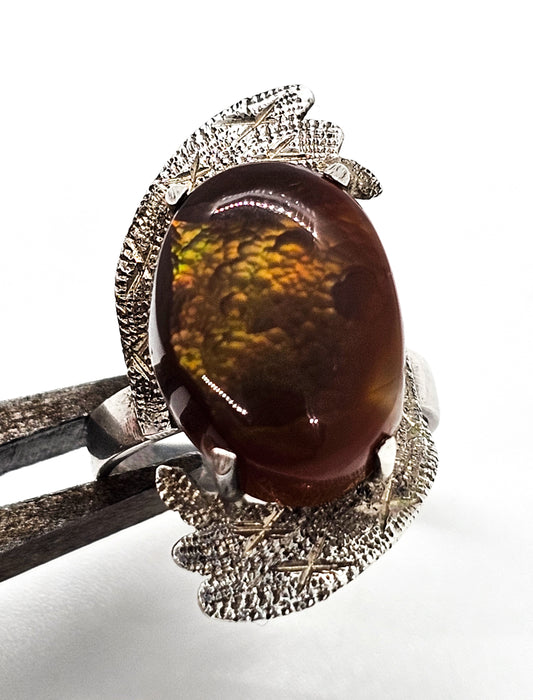 Mexican Fire Agate vintage modernist abstract sterling silver etched ring size 7.25 RARE