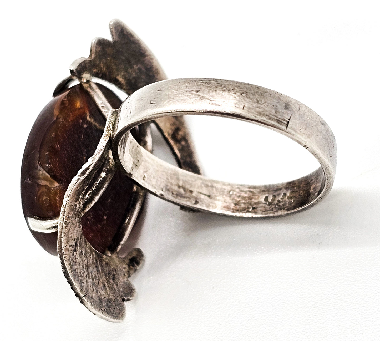 Mexican Fire Agate vintage modernist abstract sterling silver etched ring size 7.25 RARE