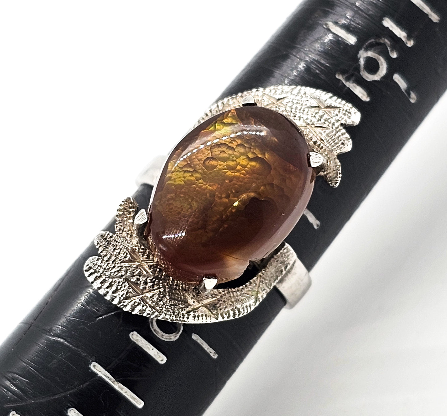Mexican Fire Agate vintage modernist abstract sterling silver etched ring size 7.25 RARE