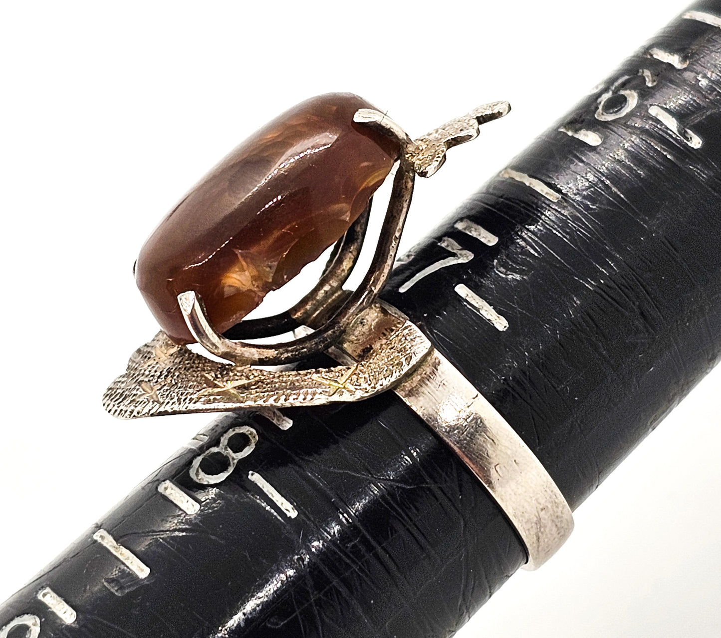 Mexican Fire Agate vintage modernist abstract sterling silver etched ring size 7.25 RARE