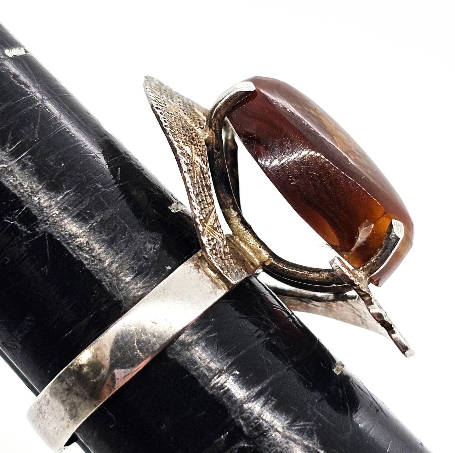 Mexican Fire Agate vintage modernist abstract sterling silver etched ring size 7.25 RARE