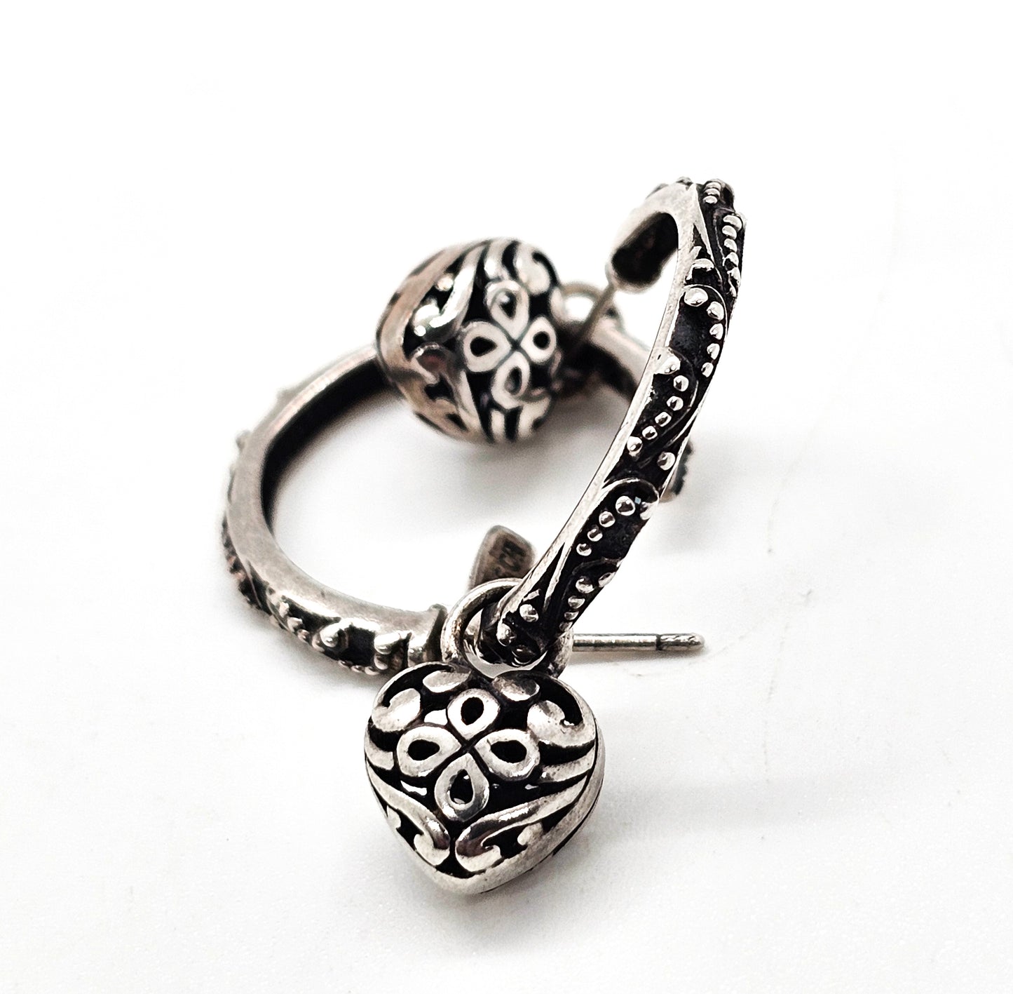 Tribal Heart charm Bali Balinese SU sterling silver vintage hoop earrings