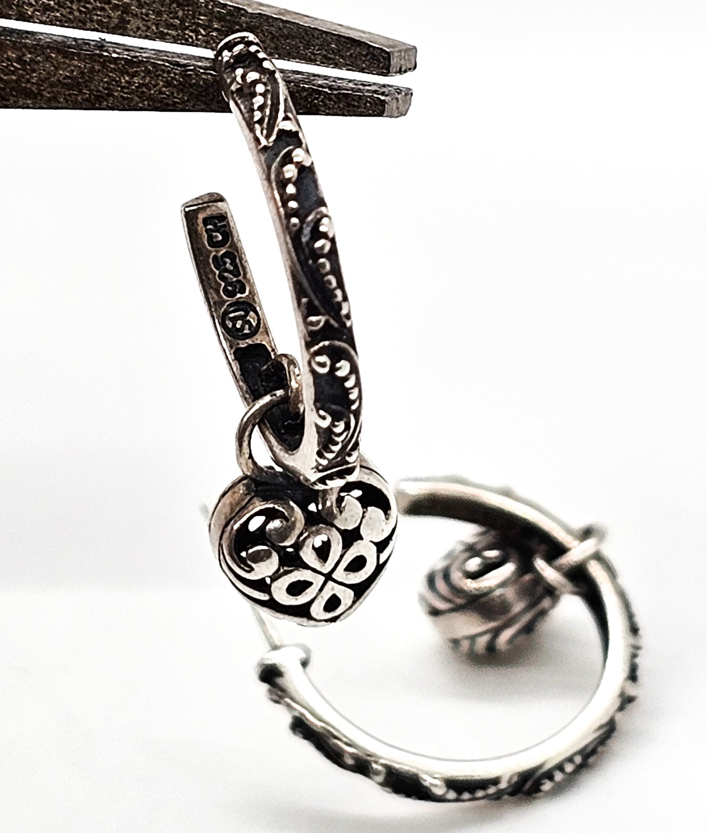Tribal Heart charm Bali Balinese SU sterling silver vintage hoop earrings