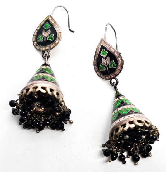 Meenakari Jhumka Black and Green Indian vintage sterling silver cone drop earrings