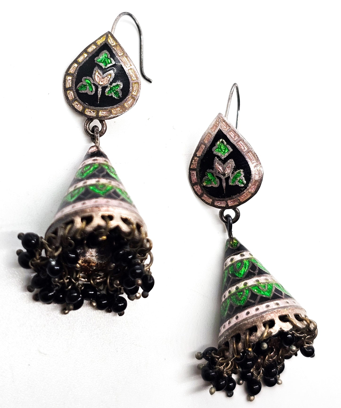 Meenakari Jhumka Black and Green Indian vintage sterling silver cone drop earrings