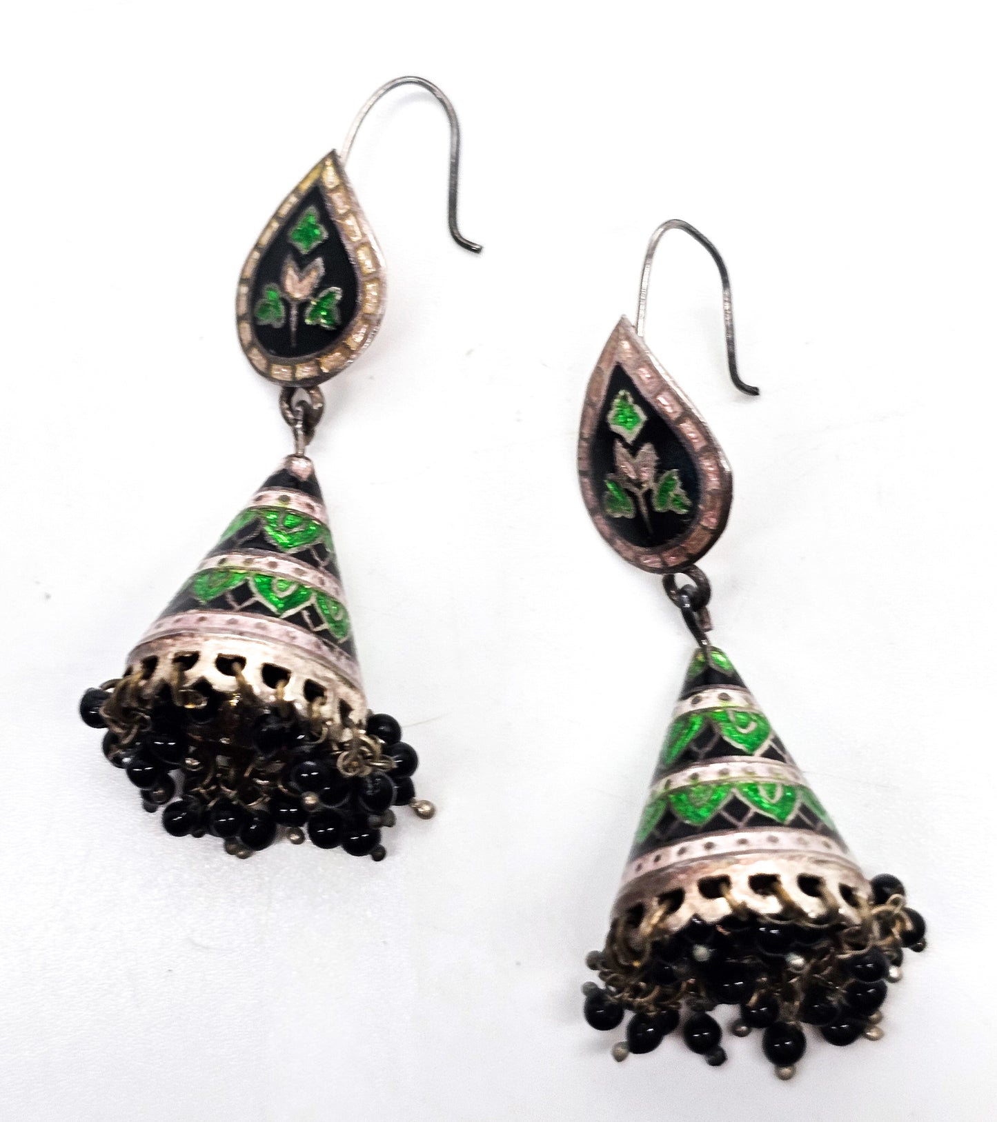 Meenakari Jhumka Black and Green Indian vintage sterling silver cone drop earrings