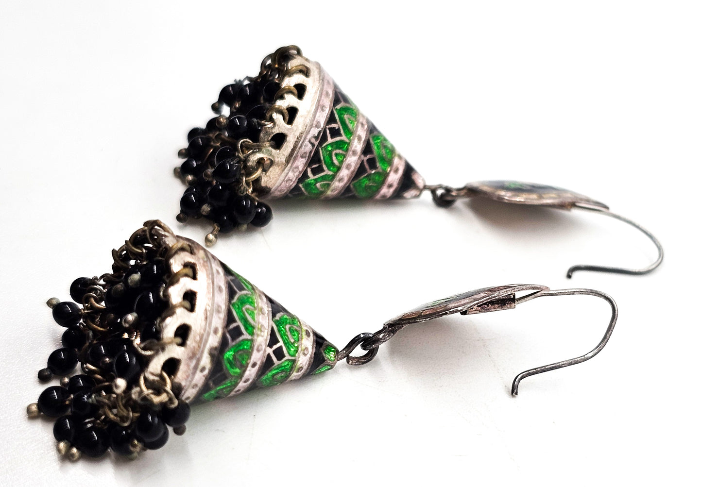 Meenakari Jhumka Black and Green Indian vintage sterling silver cone drop earrings
