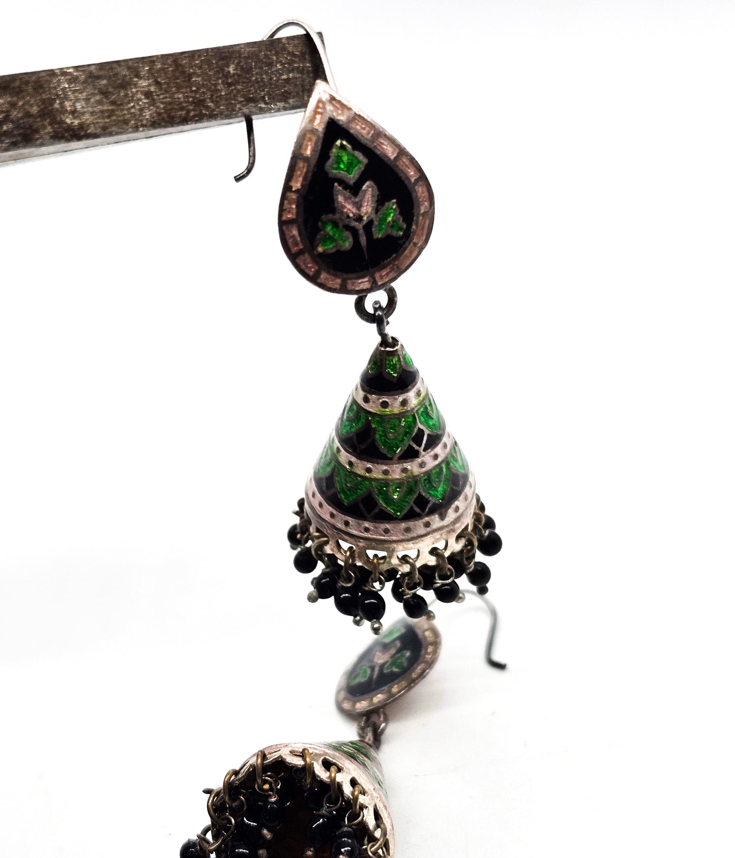 Meenakari Jhumka Black and Green Indian vintage sterling silver cone drop earrings