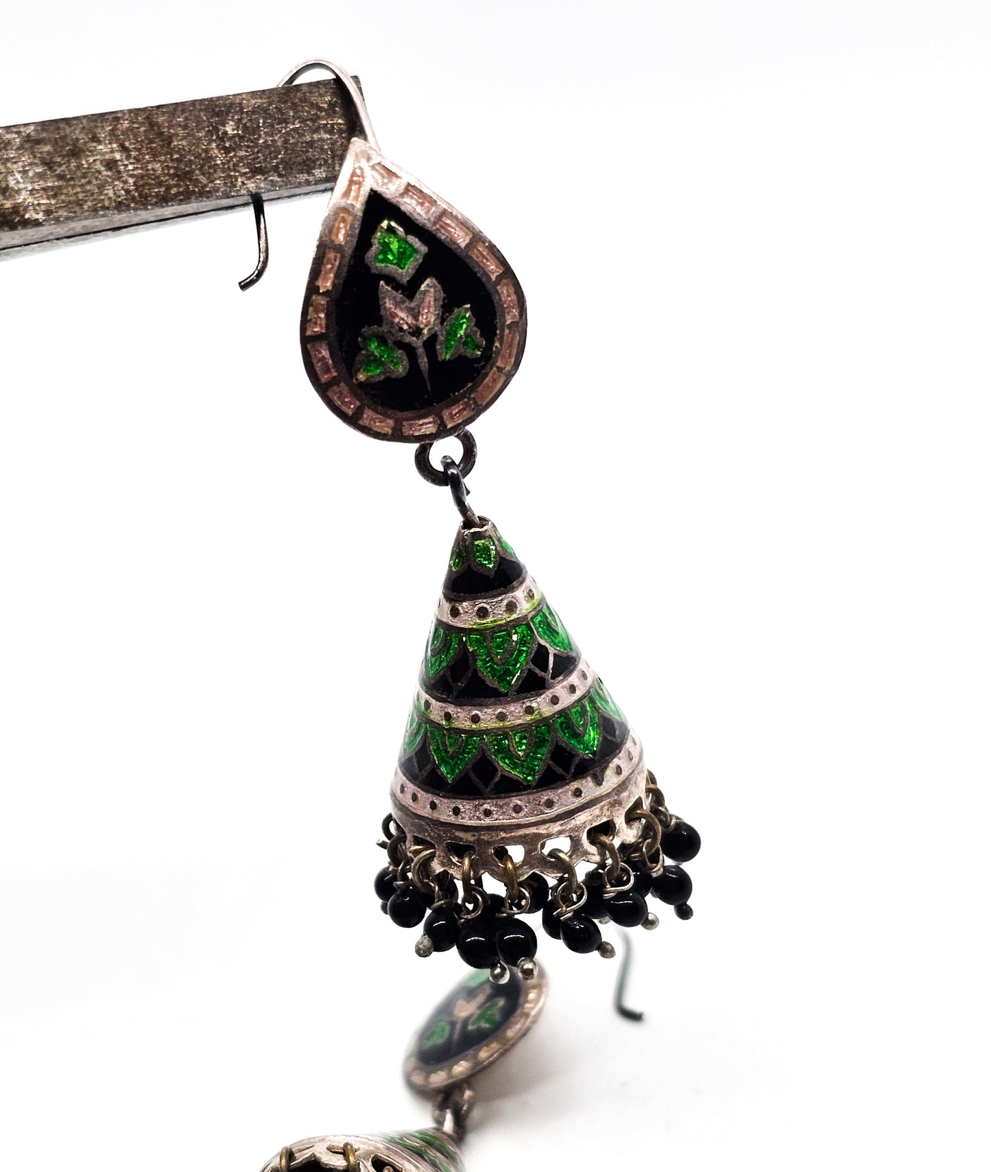 Meenakari Jhumka Black and Green Indian vintage sterling silver cone drop earrings
