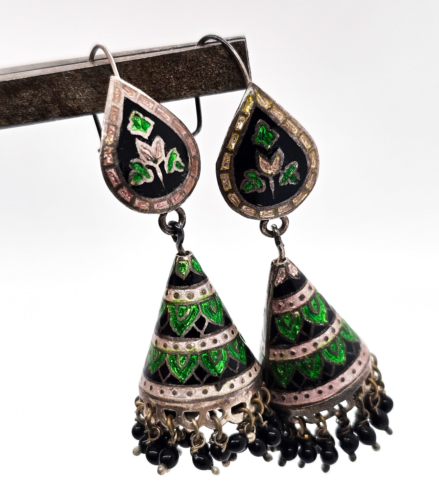 Meenakari Jhumka Black and Green Indian vintage sterling silver cone drop earrings