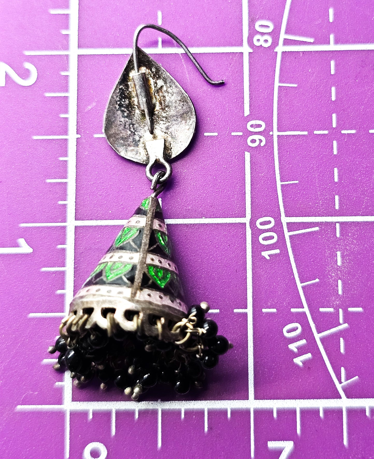 Meenakari Jhumka Black and Green Indian vintage sterling silver cone drop earrings