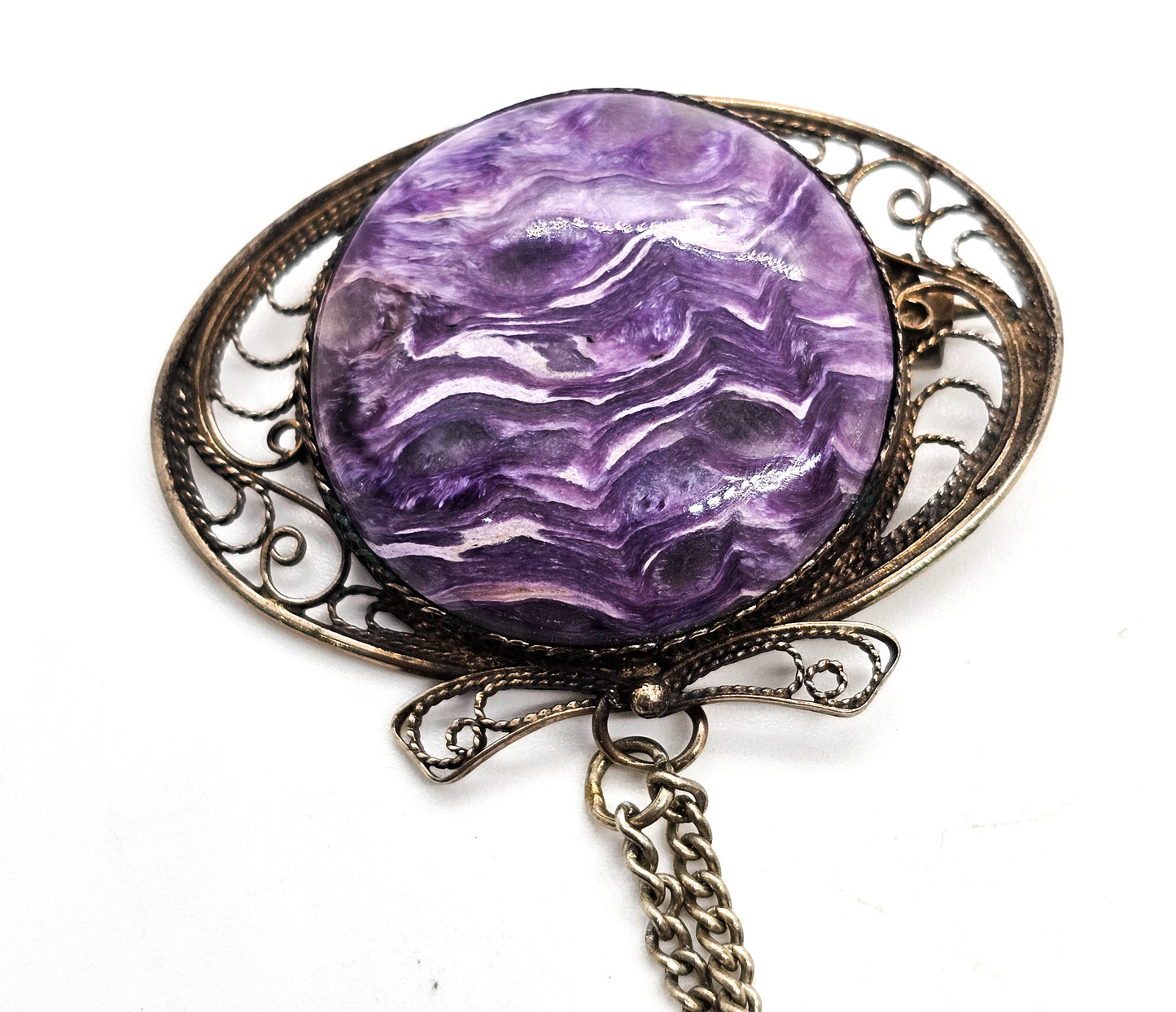 Russian Charoite purple banded gemstone silver plated vintage filigree brooch lapel pin