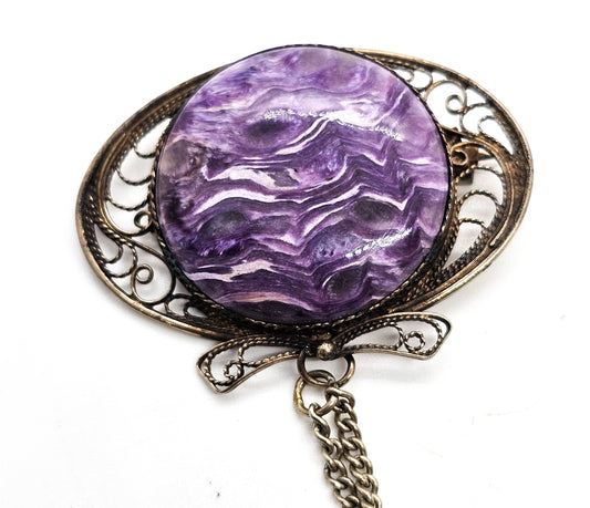 Charoite purple banded gemstone silver plated vintage filigree brooch lapel pin
