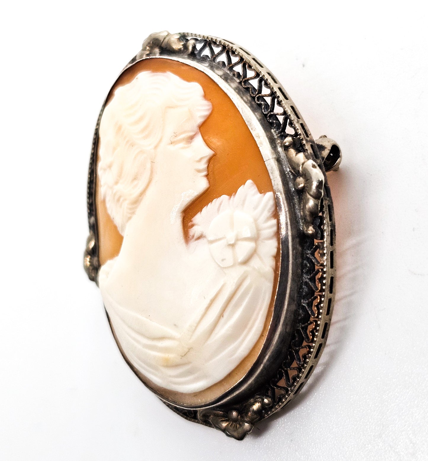 Cameo Carved shell flower nymph woman sterling silver vintage mid century brooch
