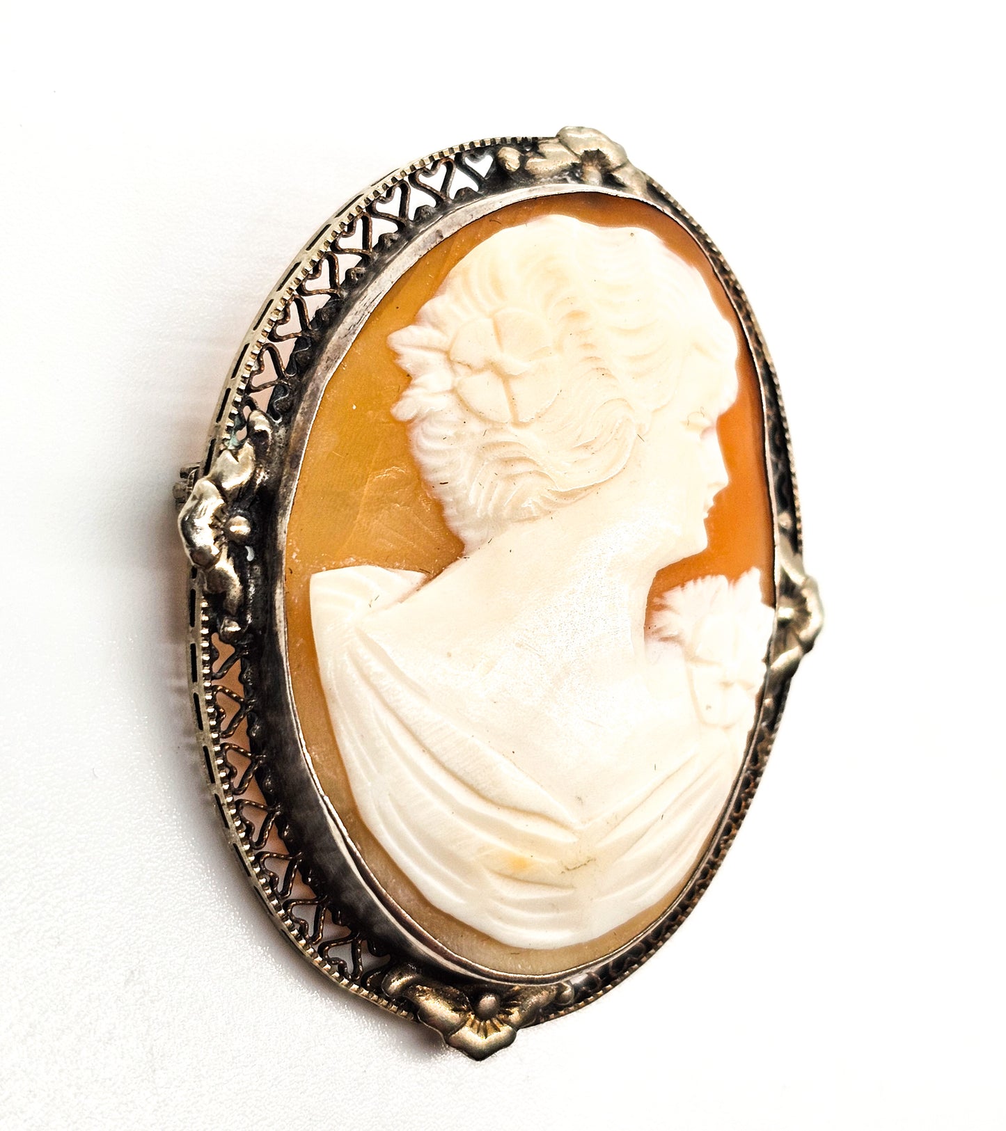 Cameo Carved shell flower nymph woman sterling silver vintage mid century brooch