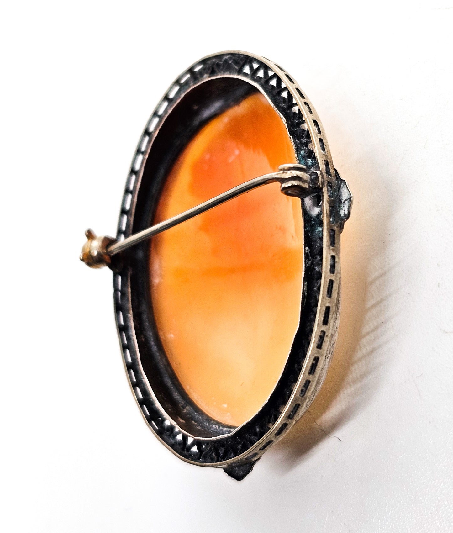 Cameo Carved shell flower nymph woman sterling silver vintage mid century brooch