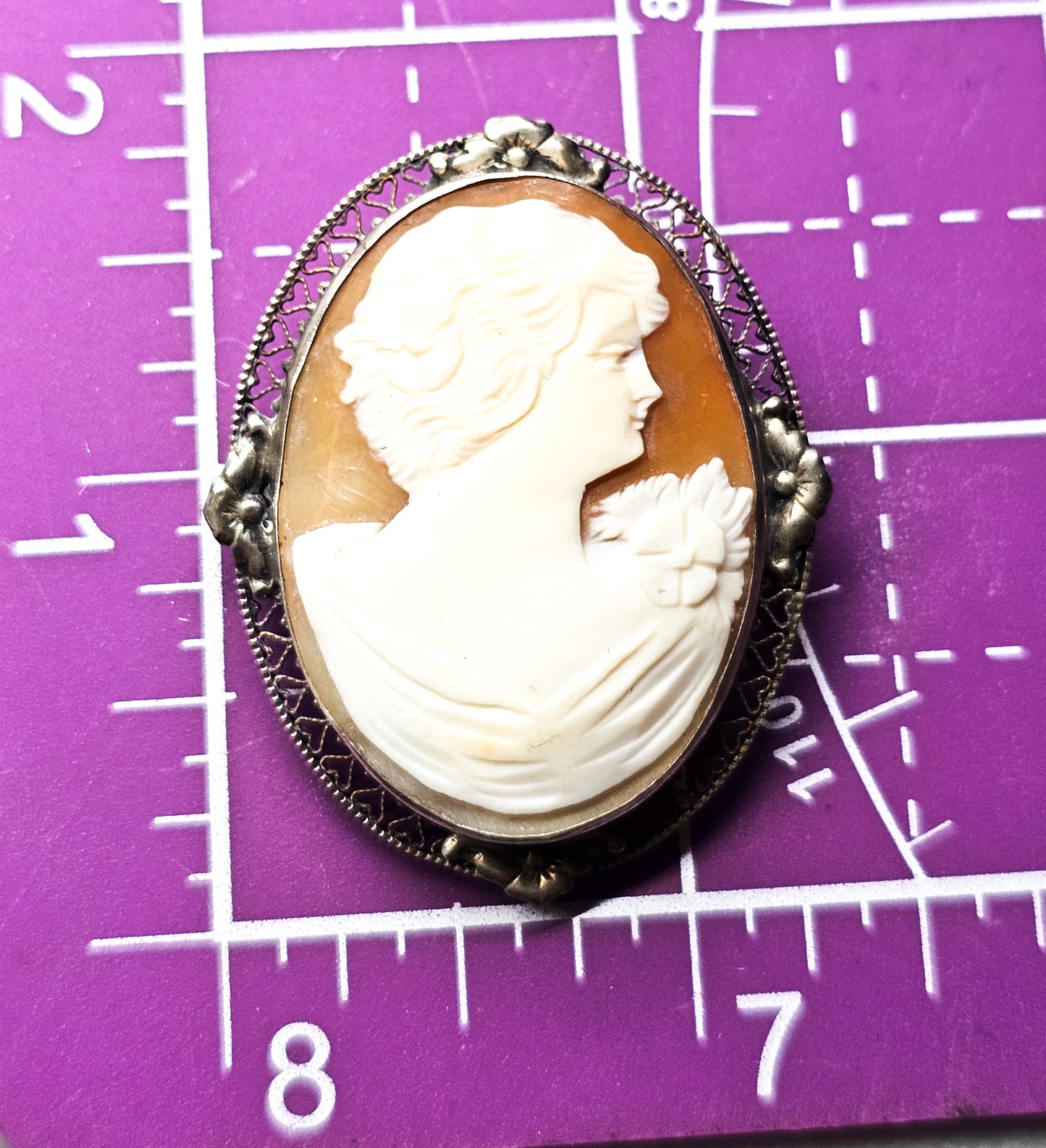 Cameo Carved shell flower nymph woman sterling silver vintage mid century brooch