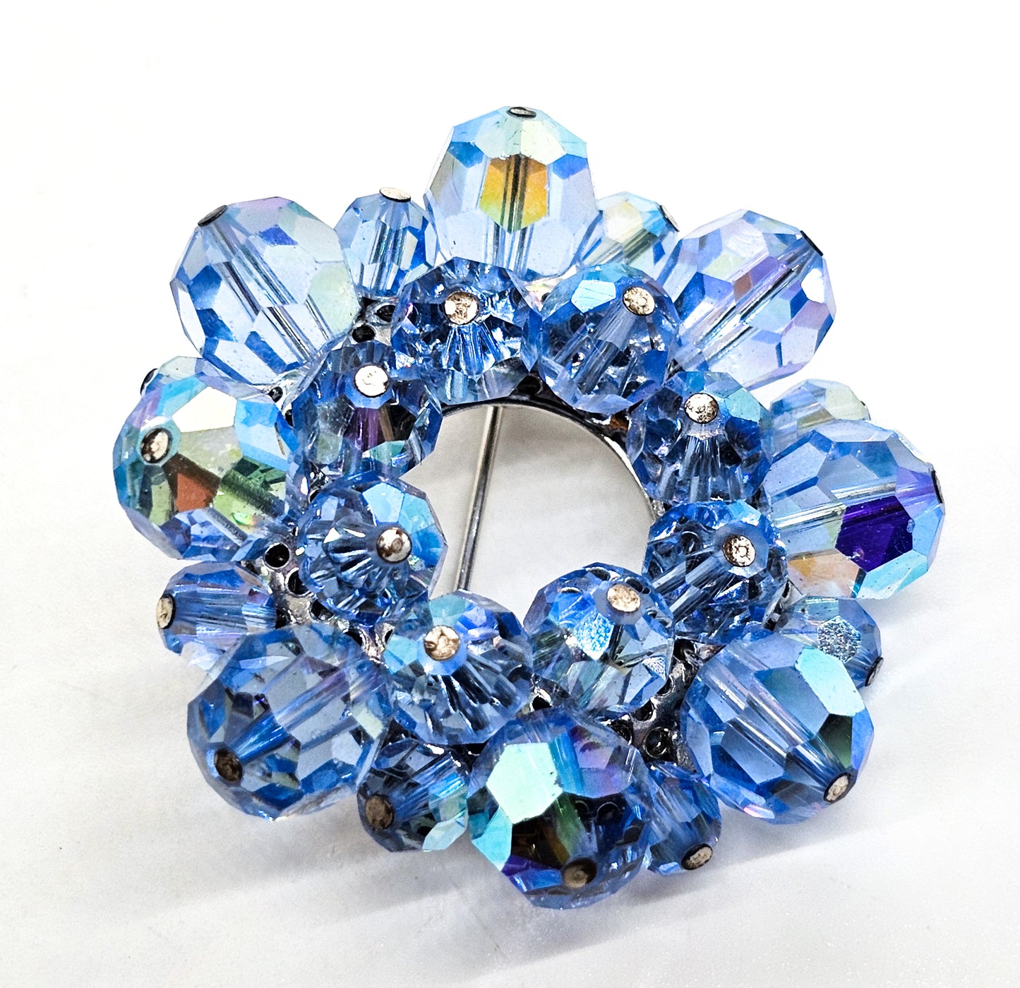 Blue Austrian Crystal Aurora Borealis beaded vintage mid century circle brooch