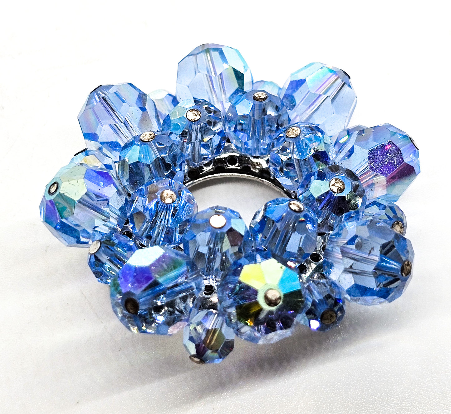 Blue Austrian Crystal Aurora Borealis beaded vintage mid century circle brooch