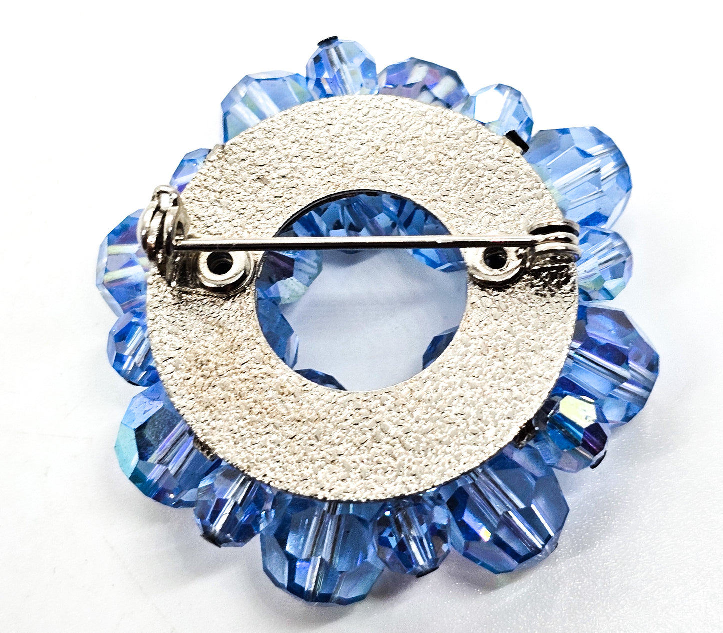 Blue Austrian Crystal Aurora Borealis beaded vintage mid century circle brooch