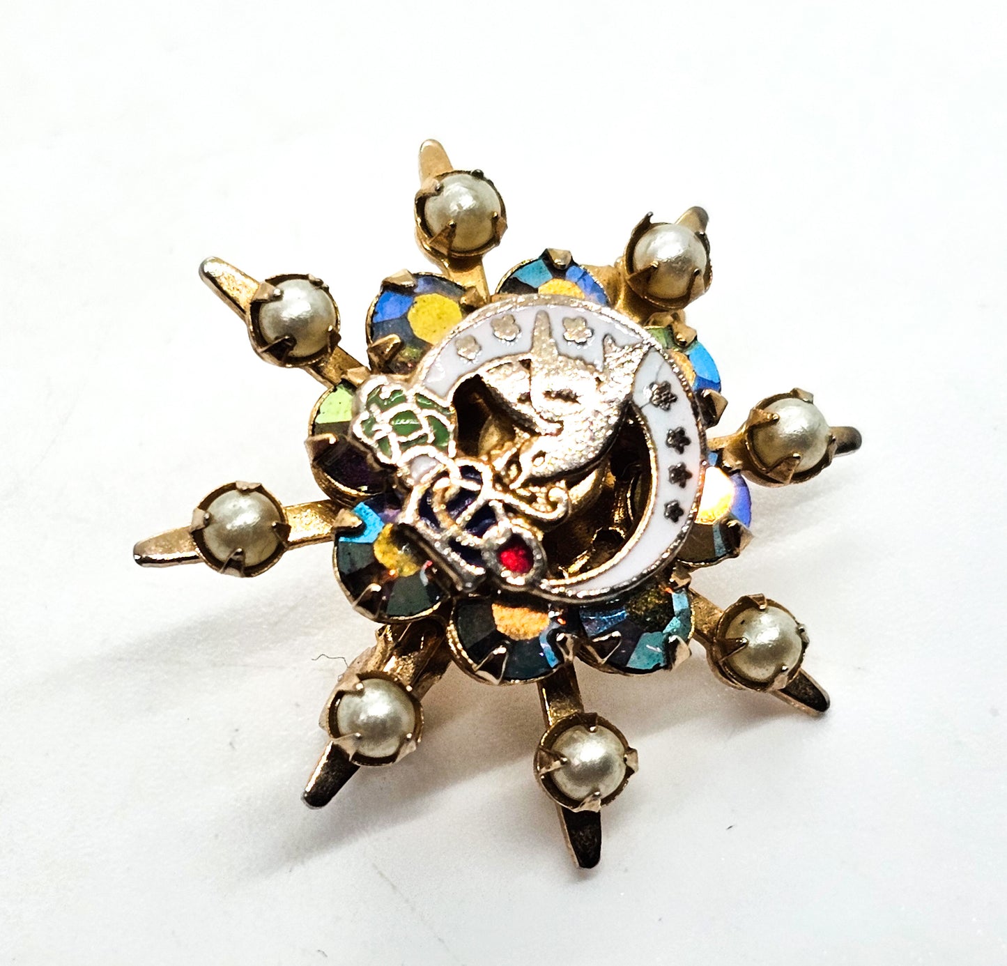 Daughters of Rebeka Enamel faux Pearl Aurora borealis rhinestone vintage brooch