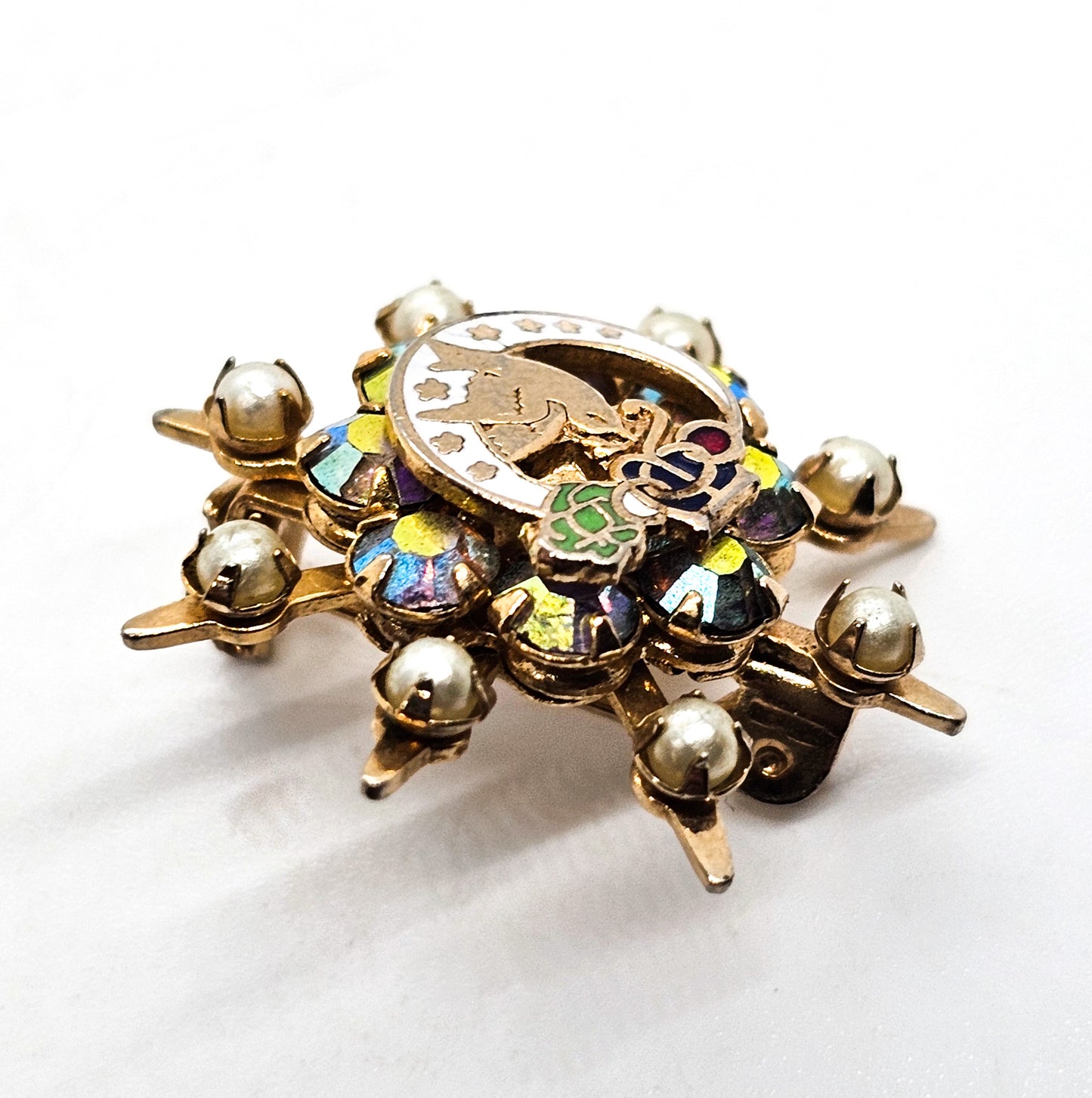 Daughters of Rebeka Enamel faux Pearl Aurora borealis rhinestone vintage brooch