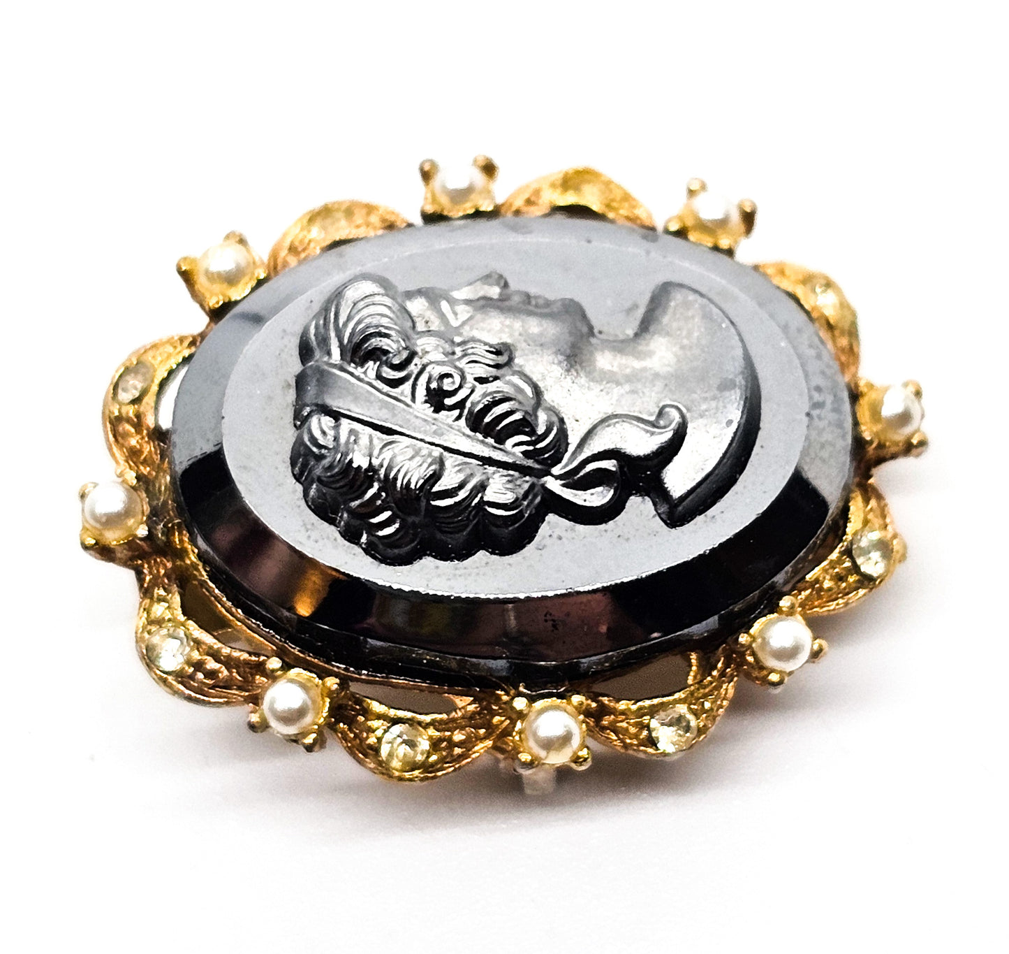 Carved Hematite cameo gold toned faux pearl and rhinestone vintage clasp brooch