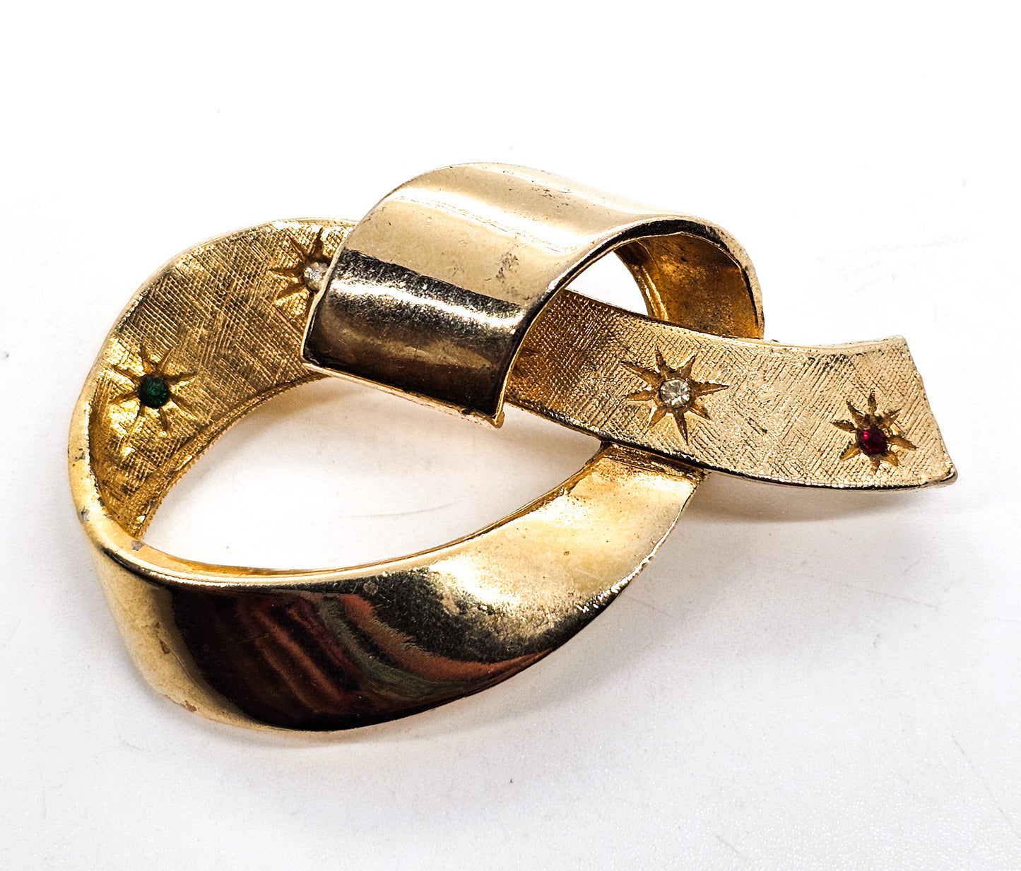Accessocraft Holiday Gold ribbon with red, green and white rhinestone brooch